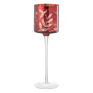 Photophore Sur Pied En Verre "feuilles" 30cm Rouge