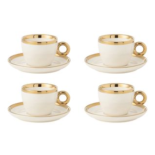 Lot De 4 Tasses et Sous-tasses "faye" 18cl Blanc et Or