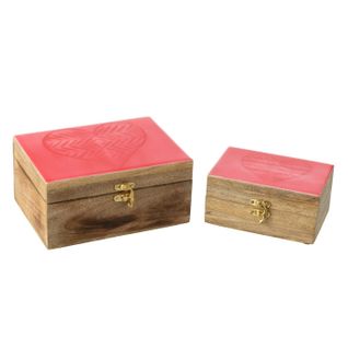 Lot De 2 Boîtes Déco En Bois "cœur" 20cm Rose et Naturel