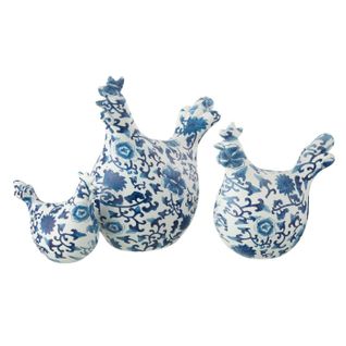 Lot De 3 Statuettes Coq Imprimé "alfredo" 21cm Bleu et Blanc