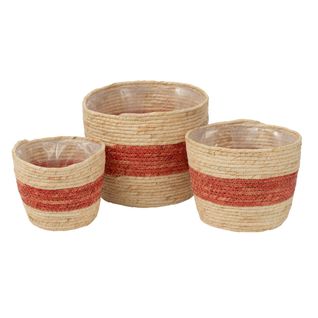 Lot De 3 Paniers Déco "ligne" 26cm Naturel et Rouge