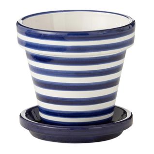 Pot Avec Soucoupe En Céramique "granada Rayure" 21cm Bleu Cobalt