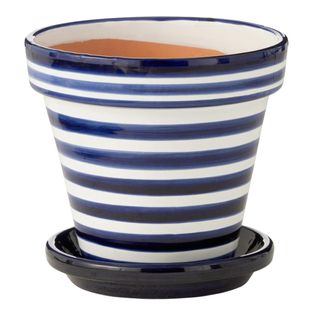 Pot Avec Soucoupe En Céramique "granada Rayure" 27cm Bleu Cobalt