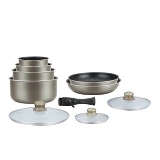 Batterie De Cuisine Revêtement Pierre Avec Manche Amovible 10 Pieces Carbone  Ha04616-car