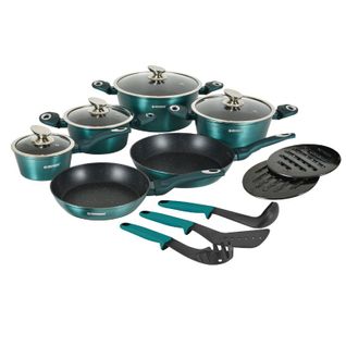 Batterie De Cuisine 15 Pièces Avec Revêtement En Marbre Bleu Herzberg Hgmetbl15-blu