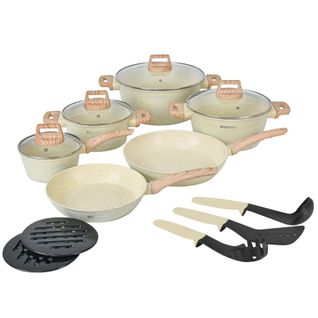 Batterie De Cuisine 15 Pièces Avec Revêtement En Granit Et Manche En Bois Noir  Beige Hgwdbej15-bei