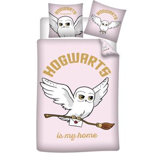 Parure De Lit Réversible Harry Potter - Hedwige La Chouette - -hogwarts Is My Home- - Rose - 140 Cm