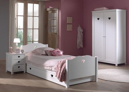 Amori Lit Simple 90x200cm Blanc + Chevet + Armoire 2 Portes + Lit Gigogne
