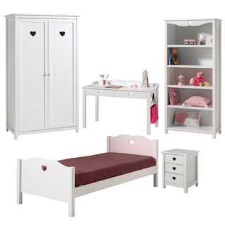 Lit 90x200 - Chevet 3 Tiroirs - Armoire 2 Portes - Bureau Et Bibliothèque Amori - Blanc