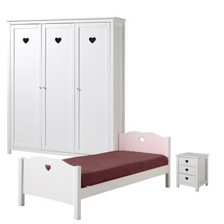 Lit 90x200 - Chevet 3 Tiroirs Et Armoire 3 Portes Amori - Blanc