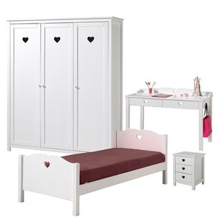 Lit 90x200 - Chevet 3 Tiroirs - Armoire 3 Portes Et Bureau Amori - Blanc