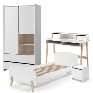 Lit 90x200 - Chevet 1 Porte - Armoire 2 Portes Et Bureau Kiddy - Blanc