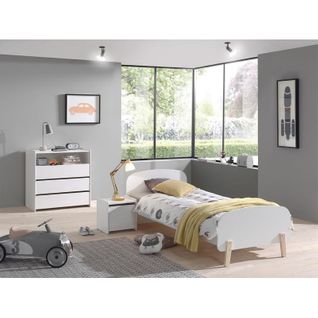 Lit 90x200 - Chevet 1 Porte Et Commode 3 Tiroirs Kiddy - Blanc