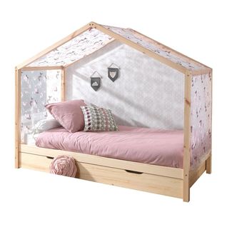 Pack Lit Cabane Enfant, Tiroir et Voile "dallas Ii" 90x200cm Naturel
