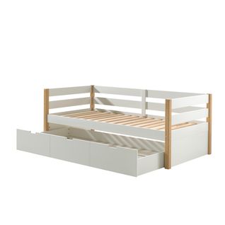 Lit Banquette 90x200 Sommier Et Tiroir De Lit Inclus Margrit - Blanc Et Bois