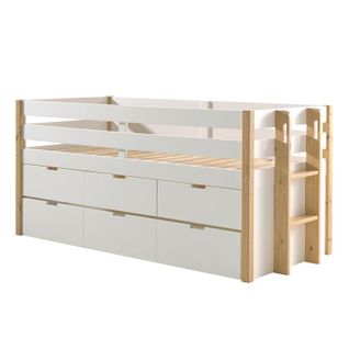 Lit Mi-hauteur 90x200 Sommier Et Tiroirs De Lit Inclus Margrit - Blanc Et Bois