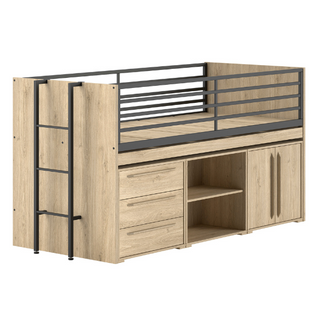 Lit Mi-hauteur Sammie 90x200cm - Avec Bureau Et Rangement - Décor Chêne