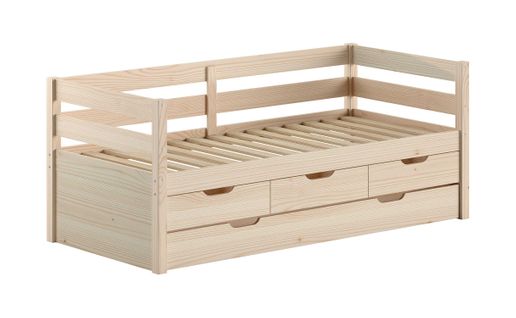 Lit Banquette Maggie - Avec 3 Tiroirs De Rangement Et Tiroir De Lit - 90 X 200cm - Bois Pin Massif -