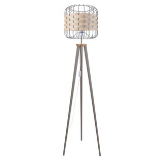 Lampadaire Tressé.bago Trépied Bois  Naturel  Et Taupe  Et Bois Hêtre  D40xp40xh160  Cm