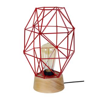 Lampe De Chevet Octogonal Ronde Bois  Naturel Et Rouge D21xp21xh32  Cm