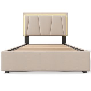 Lit Rembourré 90x200cm En Lin - Avec 2 Tiroirs + LED + Sommier à Lattes - Beige