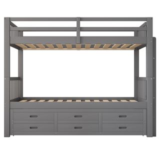 Lit Superposé 90x200cm - Avec Lit Gigogne Et 3 Tiroirs - En Bois De Pin Massif Et Mdf - Gris