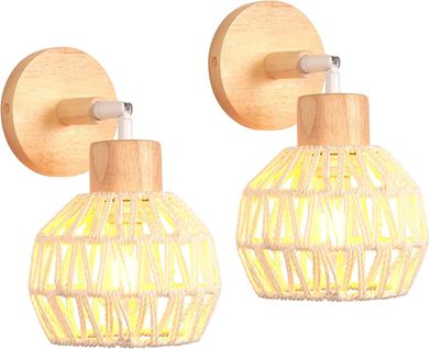 Lot De 2 Applique Murale Interieur Réglable E27 Lampe Murale Vintage En Rotin Bois Plafonnier Blanc