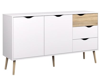 Buffet 2 Portes, 3 Tiroirs Blanc Et Décor Chêne L147,2 Cm