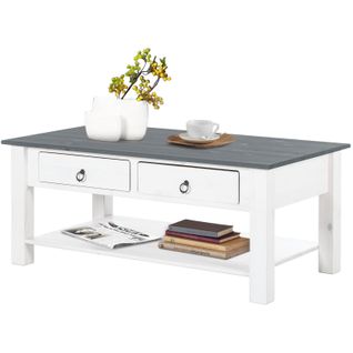 Ines - Table Basse Avec 2 Tiroirs En Pin Blanc Et Gris