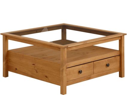 Linda-table Basse En Pin Avec Plateau En Verre Et 2 Tiroirs