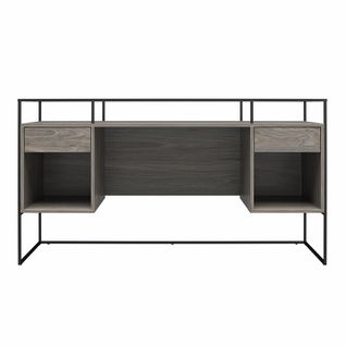 Camley-bureau Avec 2 Tiroirs Et Rangement En Verre Et Base En Mdf Chêne Gris