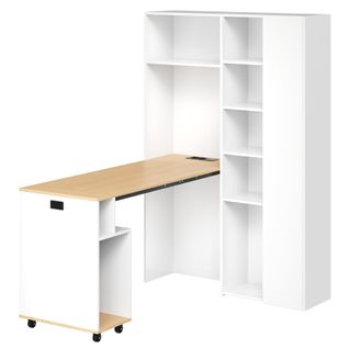 Bureau D'angle Retratable Effet Bois Et Armoire Bibloteque Blanc Avec Prises Et Ports USB