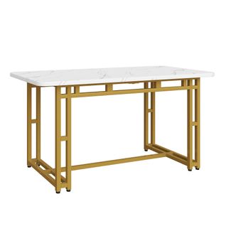 Table à Mange Rectangulaire Effet Marbre Blanc Pieds Dorés 120x70cm