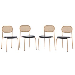 Lot De 4 Chaises Style Rétro En Rotin Et Cuir Synthétique Noir