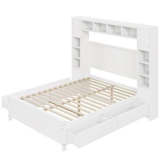 Cadre De Lit Double Bois Blanc Avec Étagère Placard De Rangement 4 Tiroirs Sommier à Lattes 140x200