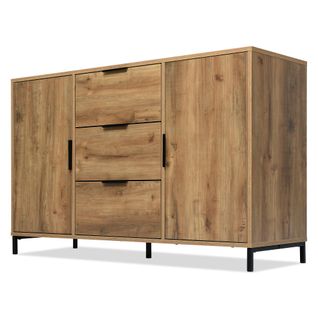 Buffet Effet Bois Chêne Foncé Style Industriel 2 Portes 3 Tiroirs 120x40x76cm