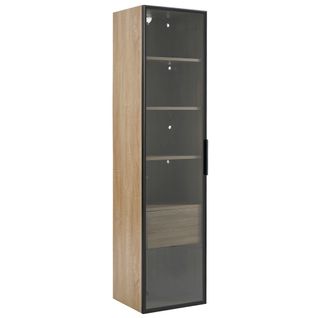 Vitrine Haute Effet Bois Clair 1 Grands Tiroirs 1 Portes, Avec LED