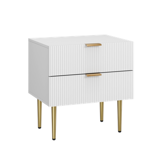 Table De Chevet Blanche Avec 2 Tiroirs Rainurés Pieds Dorés
