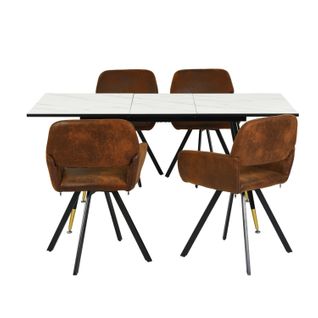 Ensemble Table Extensible Effet Marbre Blanche 120-160cm Et 4 Chaises Pivotantes Suèdes Marrons