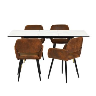 Ensemble Table Extensible Effet Marbre Blanche 120-160cm Et 4 Chaises Rétro Suède Marron