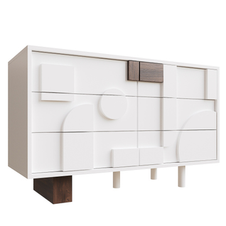 Commode Blanc Effet Bois Façade Géométrique En Relief 6 Tiroirs, Porte Push-to-pop Umphu