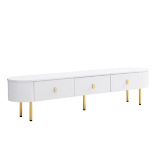 Meuble TV Blanc Ovale 3 Tiroirs Poignets Pieds Dorés 174*35cm Tenqoin