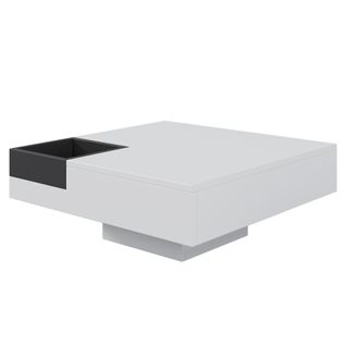 Table Basse Carrée Blanc Brillant Noir Bicolore Éclairage LED Avec Boîte De Rangement Amovible