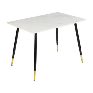 Table De Salle à Manger Rectangulaire Pierre Effet Marbre Blanc Pieds Noirs Dorés 110x70