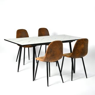 Ensemble Table Extensible Blanc 120-160 Et 4 Chaises Marron Vintage
