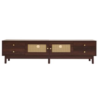 Meuble TV Style Vintage Effet Bois Noyer Avec 2 Portes En Rotin