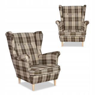 Fauteuil à Oreilles Winston, Style Scandinave, Motif à Carreaux Brun Et Beige