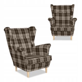 Fauteuil à Oreilles Scandinave Winston De En Tissu à Carreaux Brun