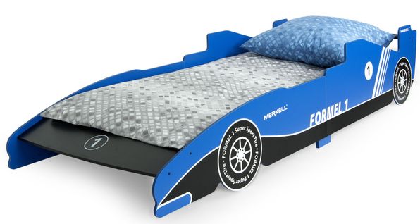 Bolid F1 Bleu Lit D'enfant En Bois Avec Un Matelas 90x200