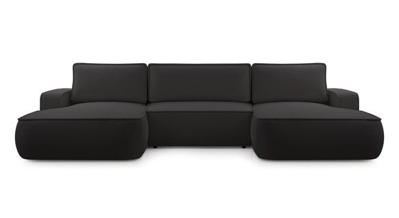 Canapé Panoramique En Tissu Noir Ablia U 364/168/87 Cm - Avec Coffre Et Fonction Lit